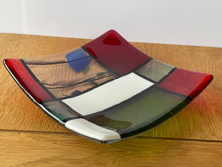 Geometric patterns in glass - Mondrian style square dish