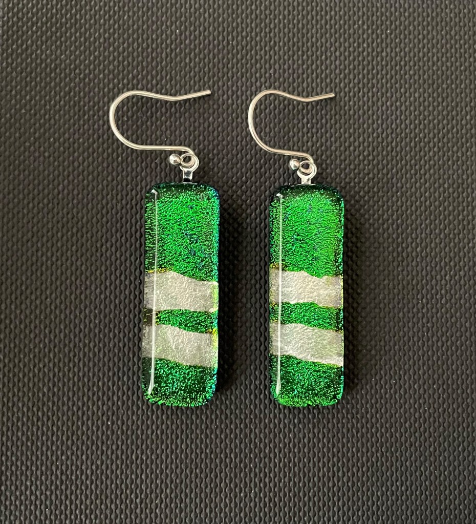 Dichroic emerald green earrings with silver foil embedded