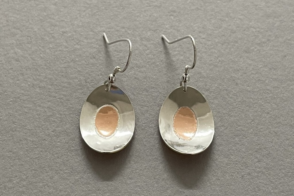 Mixed metal laminated inlay earrings using sterling silver and copper